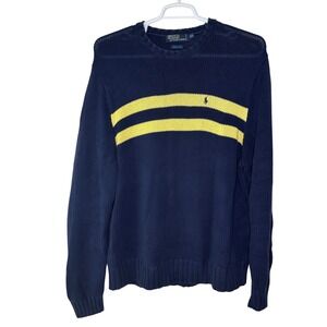 Vintage Polo Ralph Lauren Sweater Men's XXL Navy Blue Yellow Stripe Crewneck 90s